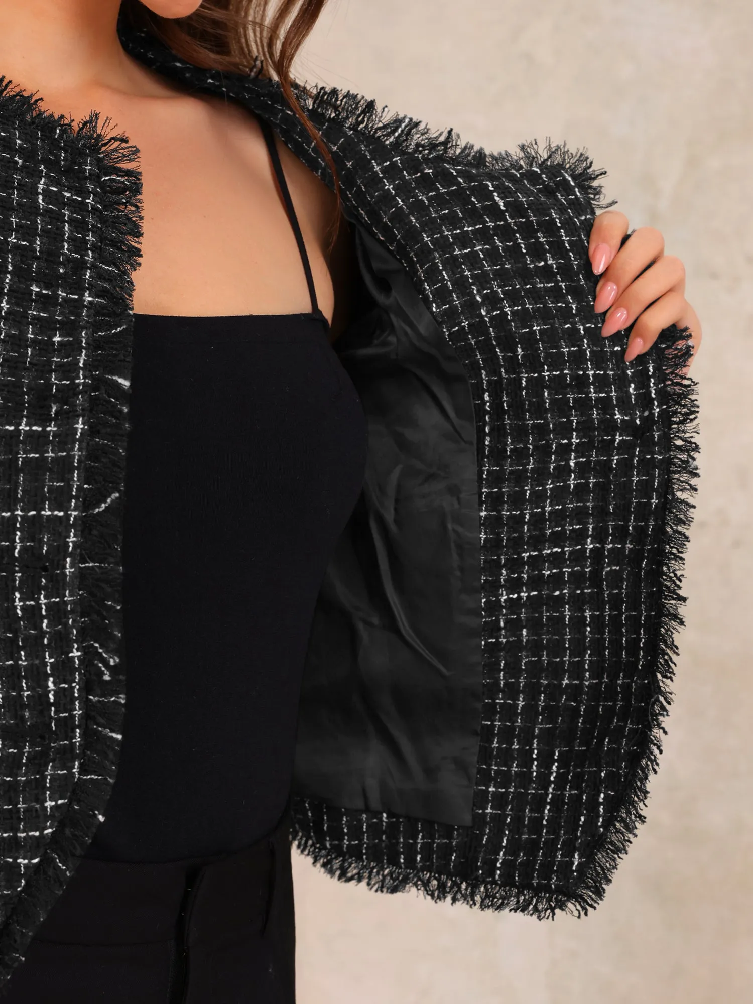 Plaid Tweed Crew Neck Cropped Button Up Jacket sold by Allegra K product image thumbnail 4