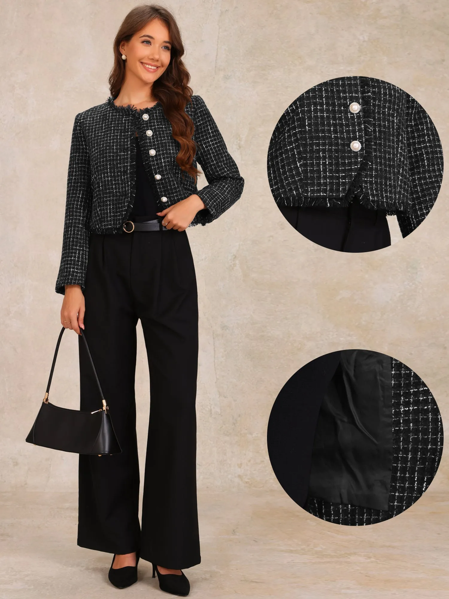 Plaid Tweed Crew Neck Cropped Button Up Jacket sold by Allegra K