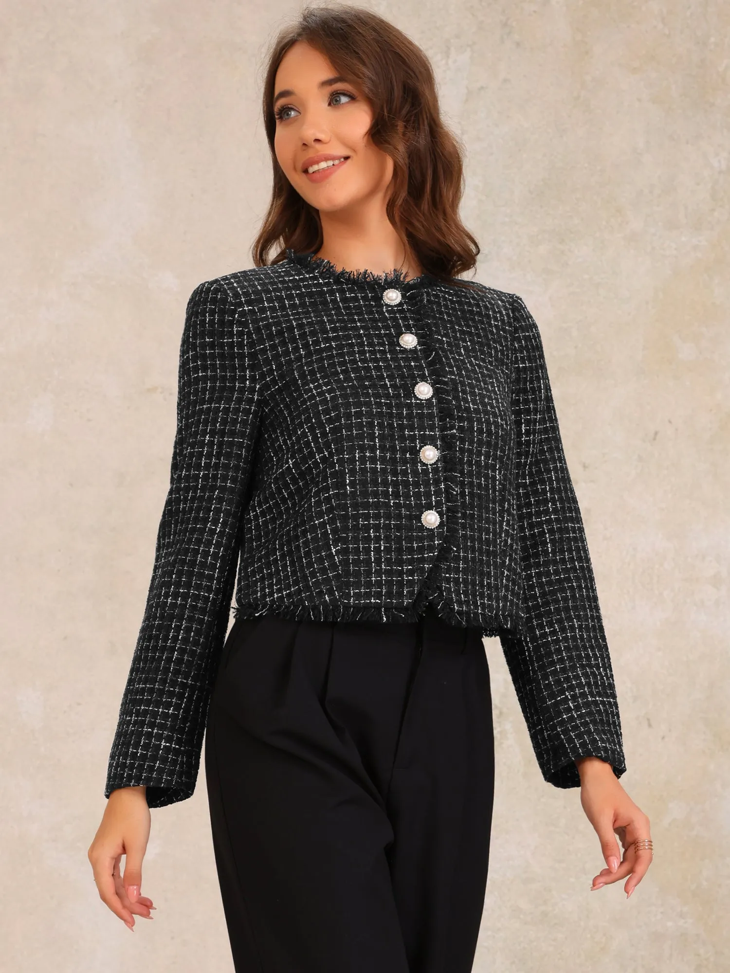 Plaid Tweed Crew Neck Cropped Button Up Jacket sold by Allegra K product image thumbnail 3