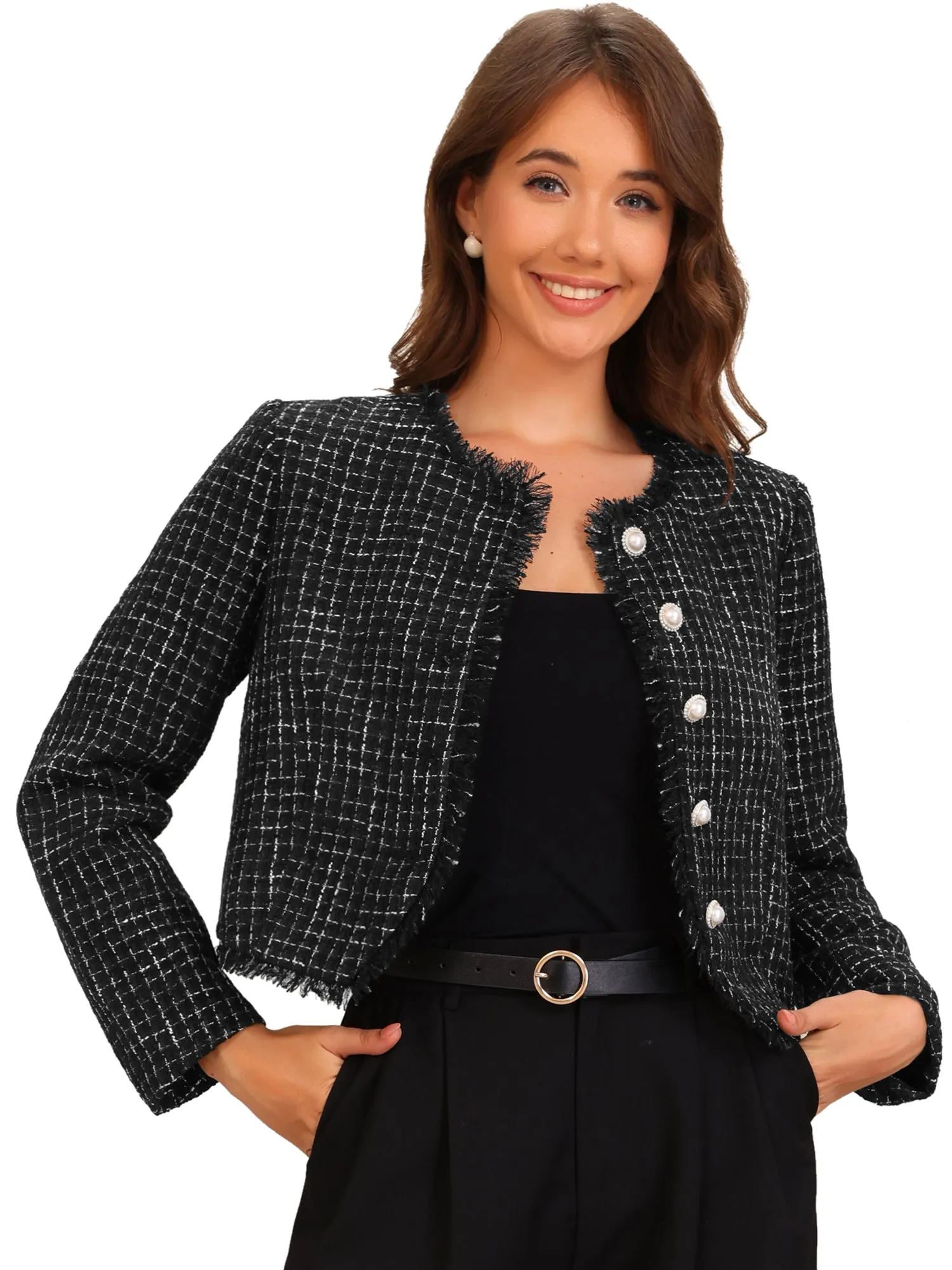 Plaid Tweed Crew Neck Cropped Button Up Jacket sold by Allegra K product image thumbnail 5