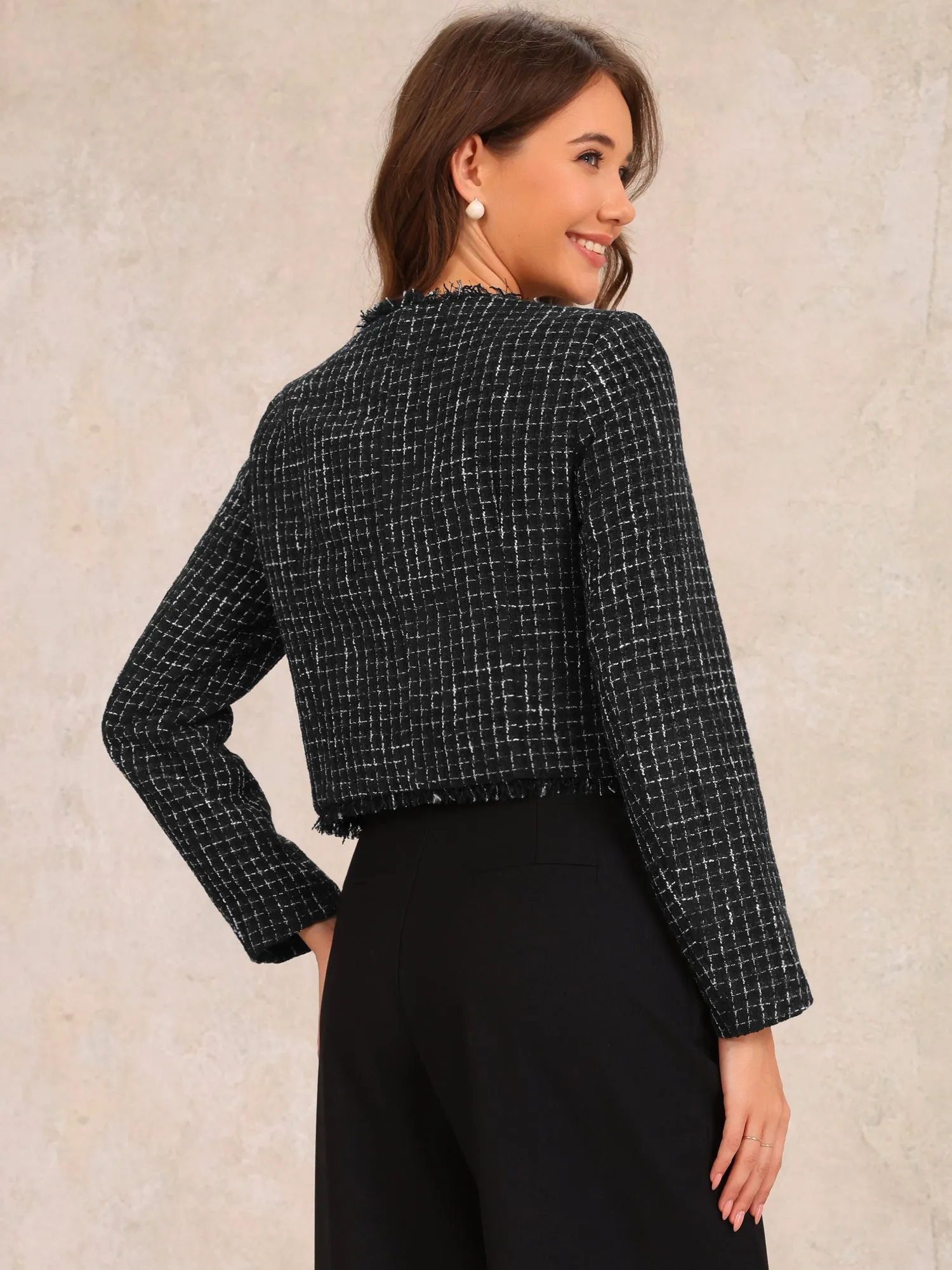 Plaid Tweed Crew Neck Cropped Button Up Jacket sold by Allegra K product image thumbnail 2