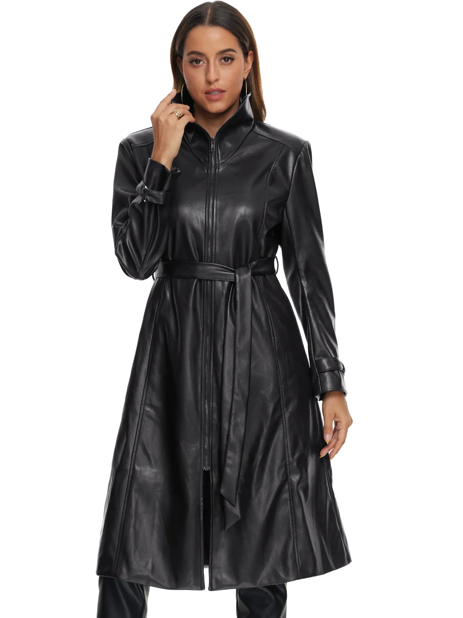 Faux Leather Long Sleeve Zipper Belted Casual Long Jacket sold by Allegra K product image thumbnail 5