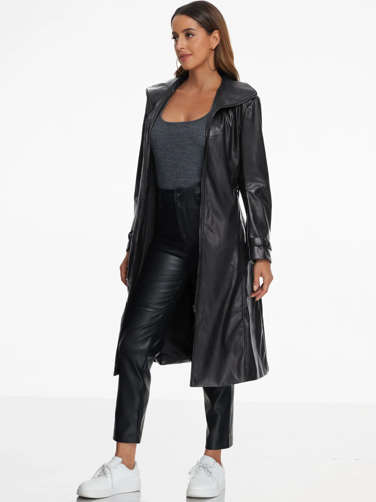 Faux Leather Long Sleeve Zipper Belted Casual Long Jacket sold by Allegra K product image thumbnail 3