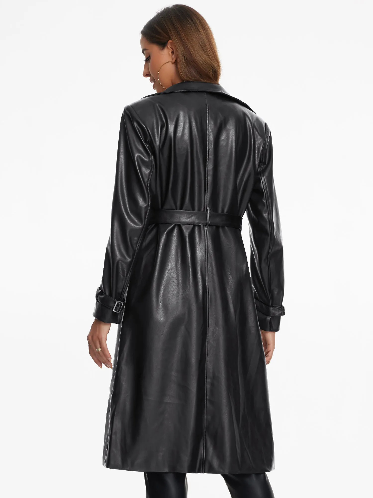 Faux Leather Long Sleeve Zipper Belted Casual Long Jacket sold by Allegra K product image thumbnail 2