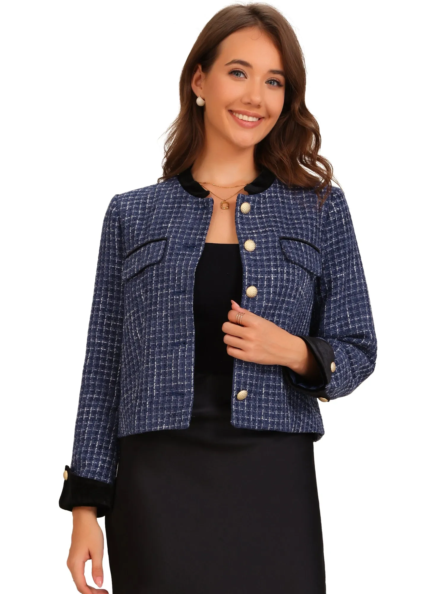 Tweed Button Down Stand Collar Long Sleeve Casual Jacket sold by Allegra K product image thumbnail 5