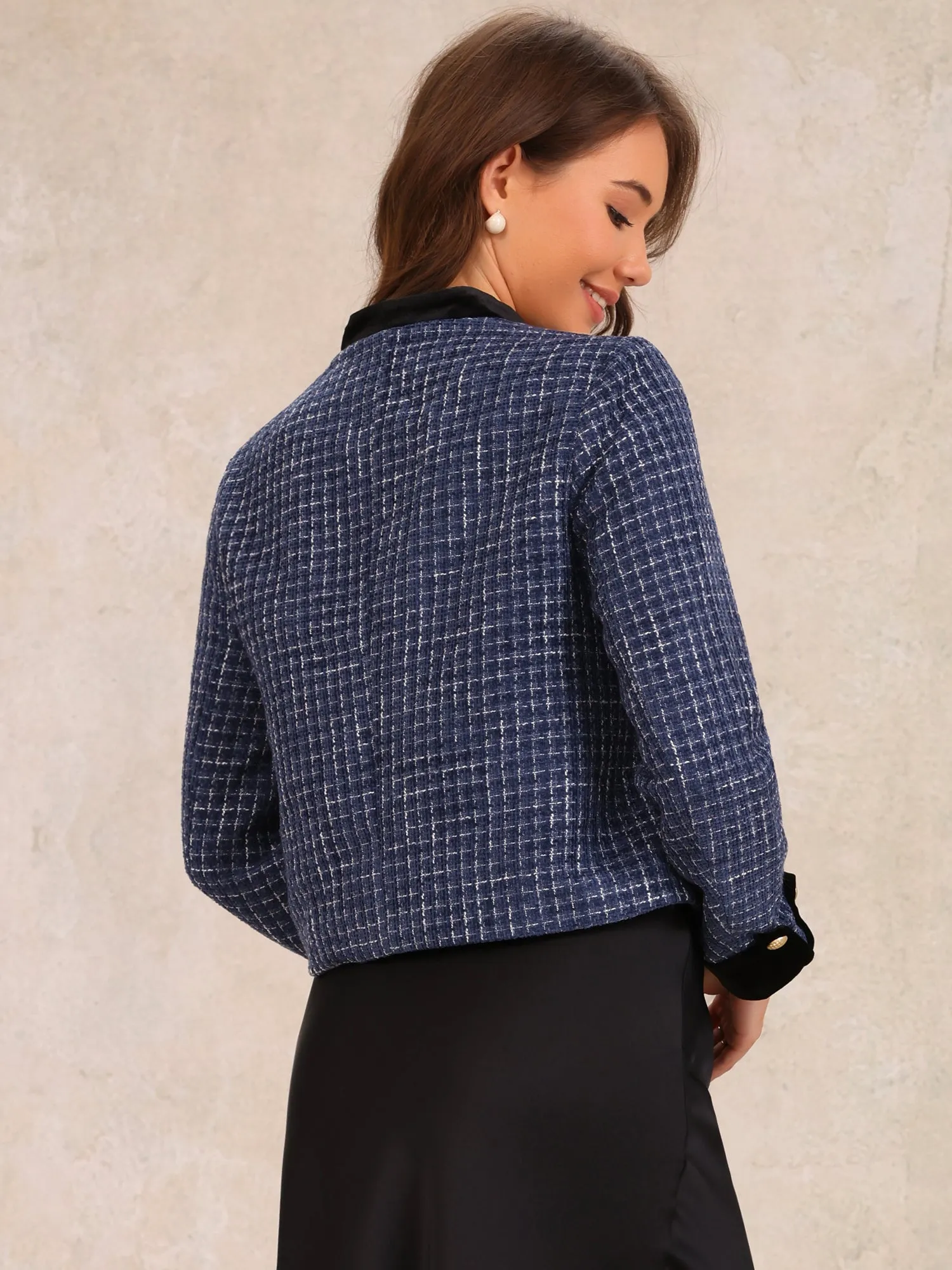 Tweed Button Down Stand Collar Long Sleeve Casual Jacket sold by Allegra K product image thumbnail 3