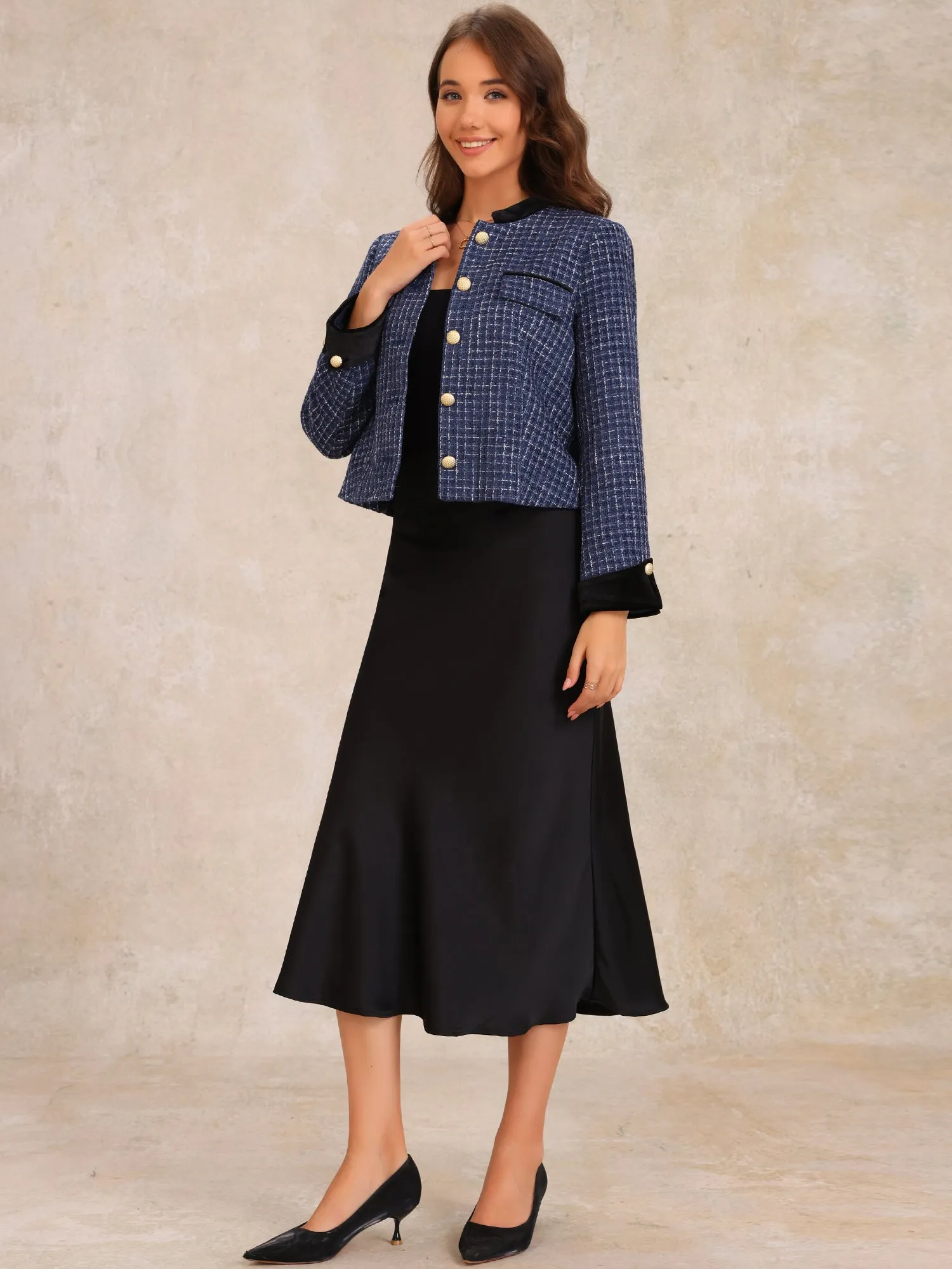 Tweed Button Down Stand Collar Long Sleeve Casual Jacket sold by Allegra K product image thumbnail 2