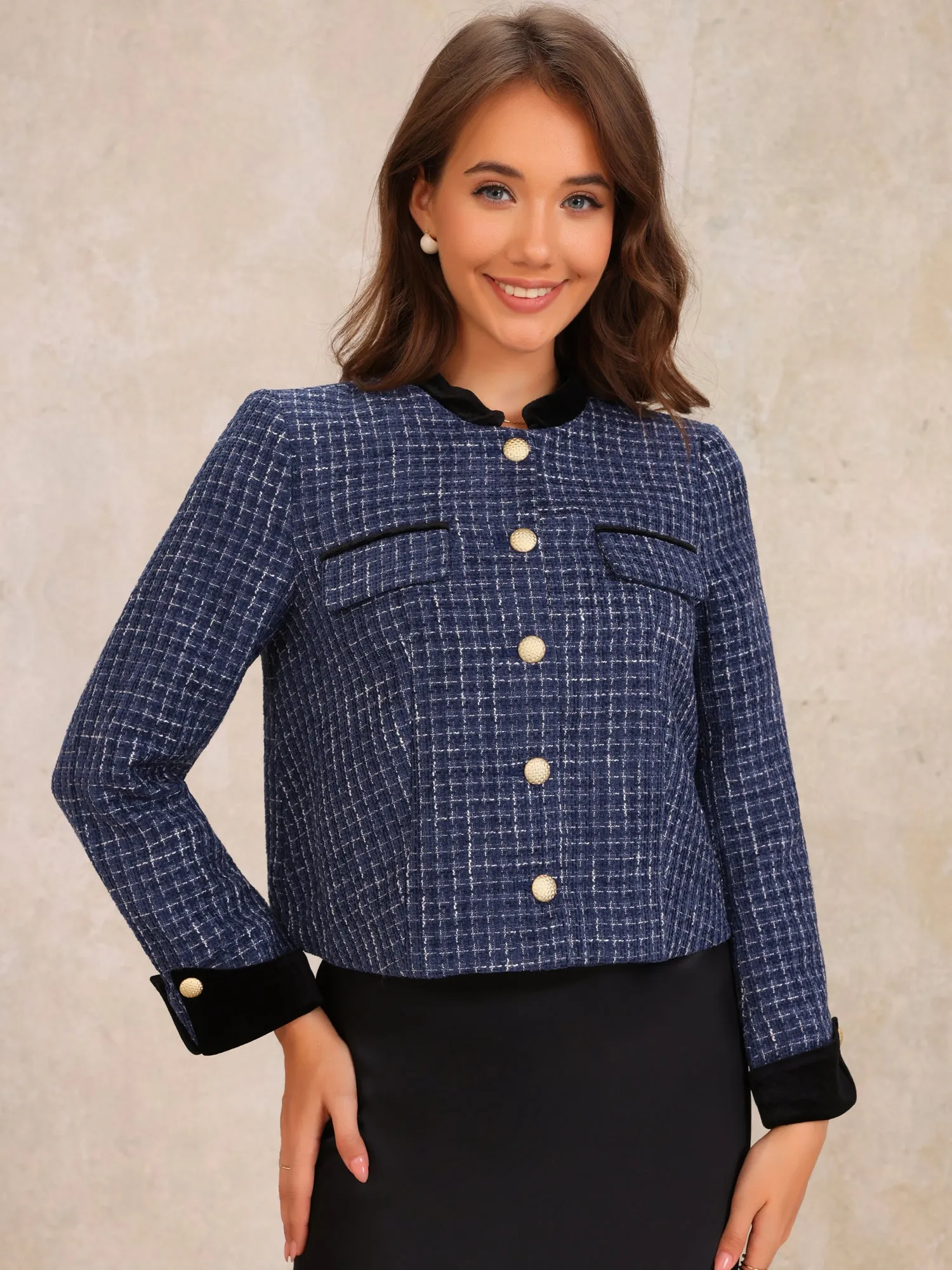 Tweed Button Down Stand Collar Long Sleeve Casual Jacket sold by Allegra K