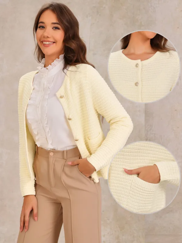 Button Down Long Sleeve Crew Neck Pockets Knit Cardigan Sweater sold by Allegra K