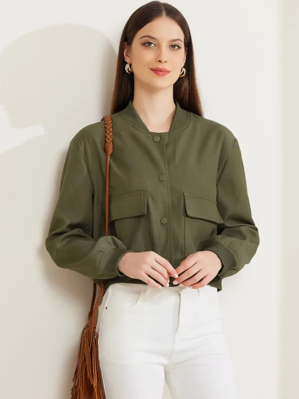 Button Down Stand Collar Long Sleeve Cropped Bomber Jacket sold by Allegra K