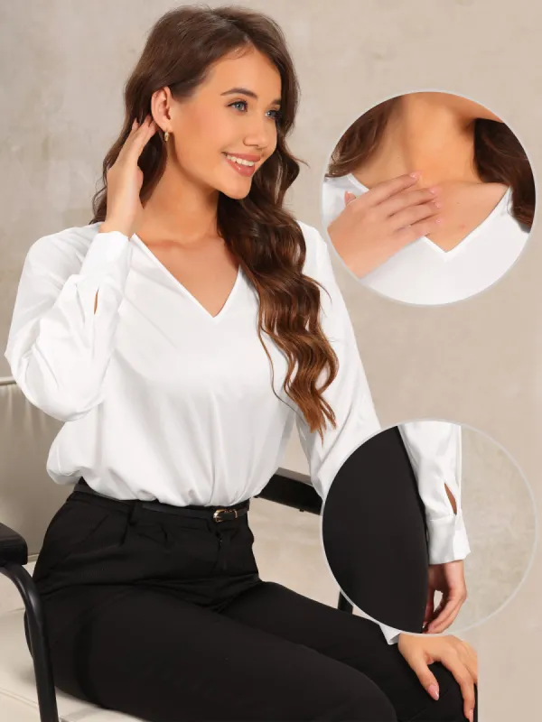 Satin V Neck Long Sleeve Leotard Bodysuit Tops sold by Allegra K