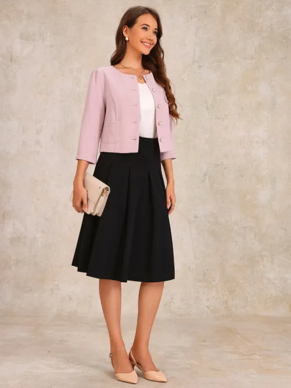 Collarless 3/4 Sleeve Lightweight Pockets Cropped Jacket made by Allegra K
