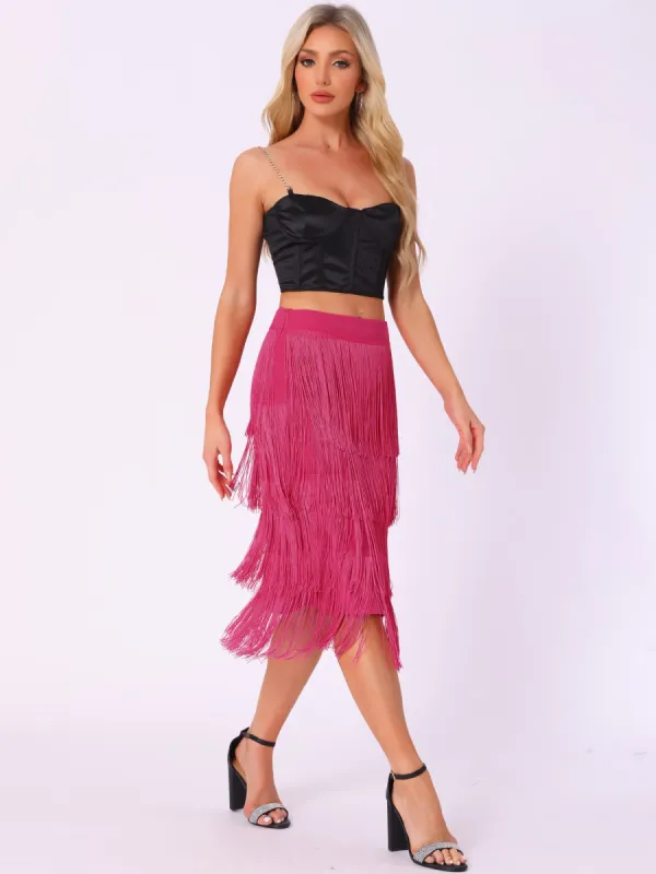Tiered Tassel Fringe Party Club Midi Skirt sold by Allegra K