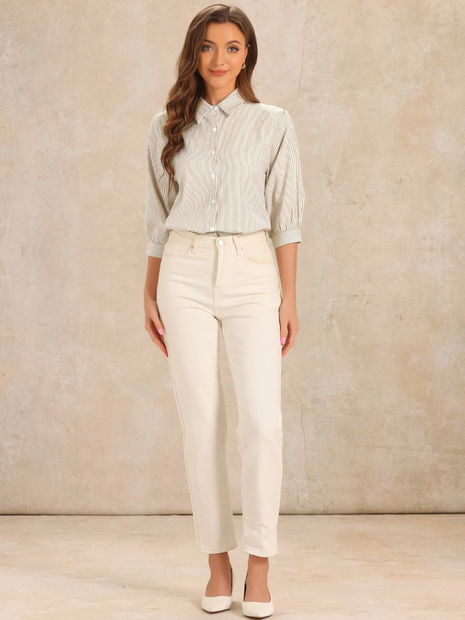 Button Down 3/4 Sleeve Striped Casual Work Shirt sold by Allegra K product image thumbnail 2