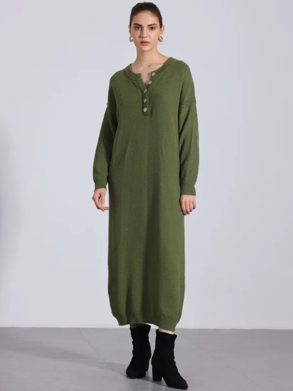 Knit Long Sleeve Buttons Crew Neck Midi Sweater Dress sold by Allegra K