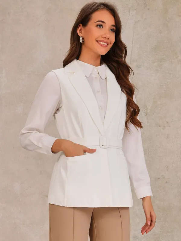 Notched Lapel Button Up Belted Sleeveless Waistcoat Vest sold by Allegra K