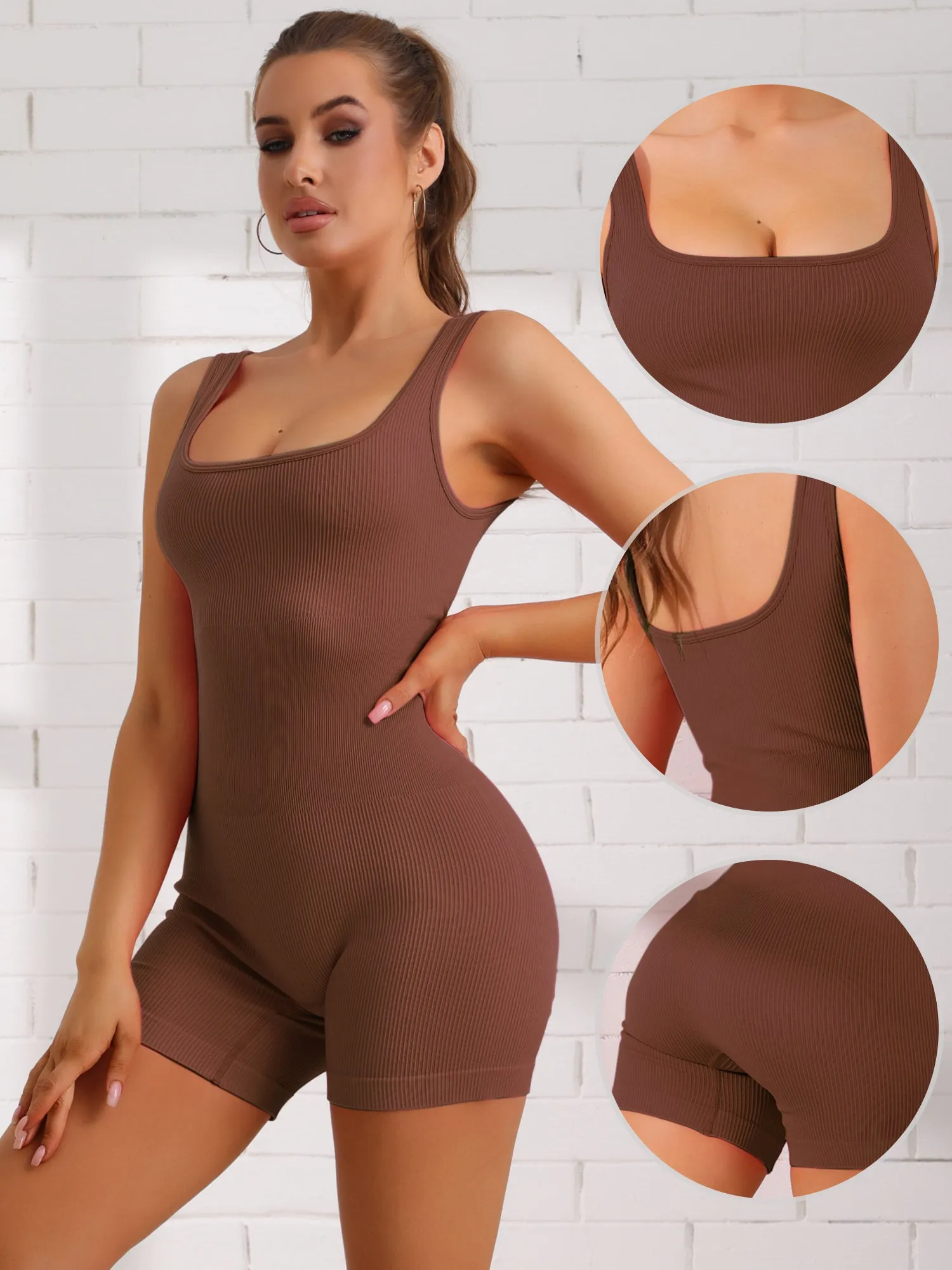 U Neck Sleeveless Textured Solid Color Workout Romper sold by Allegra K product image thumbnail 3