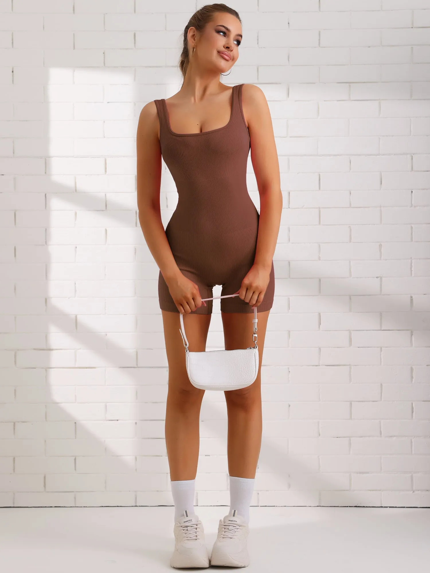 U Neck Sleeveless Textured Solid Color Workout Romper sold by Allegra K product image thumbnail 4