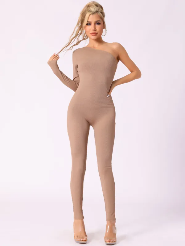 One Shoulder Long Sleeved Solid Color Unitard Jumpsuit sold by Allegra K