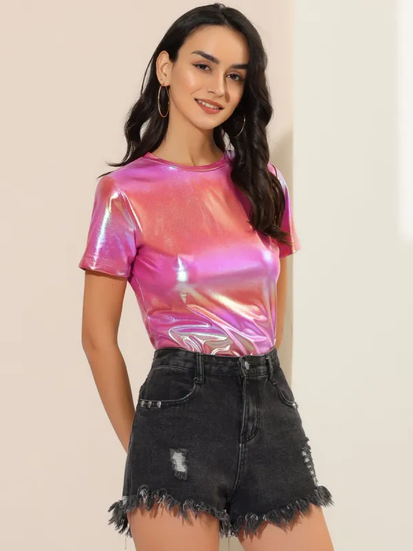 Glitter Metallic Short Sleeve Shiny Multicolor Blouse sold by Allegra K