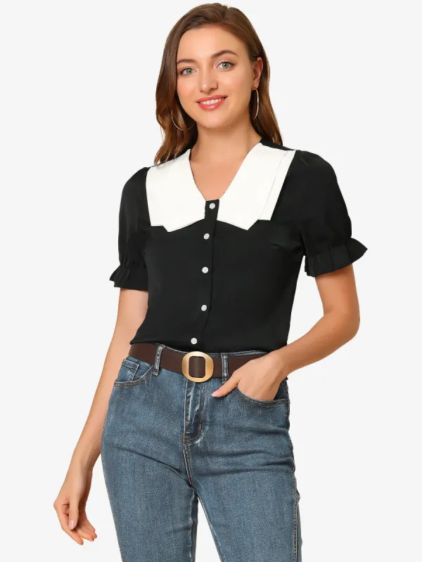 Casual Puff Sleeve Button Closure Contrast Collar Blouse Shirt sold by Allegra K