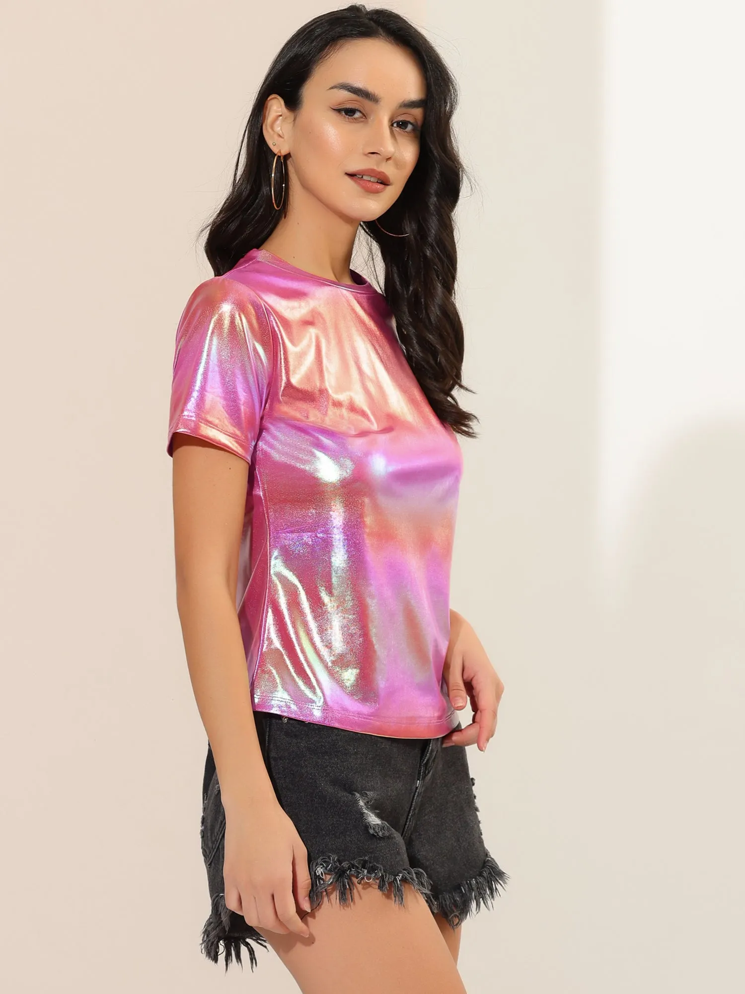 Glitter Metallic Short Sleeve Shiny Multicolor Blouse sold by Allegra K product image thumbnail 3