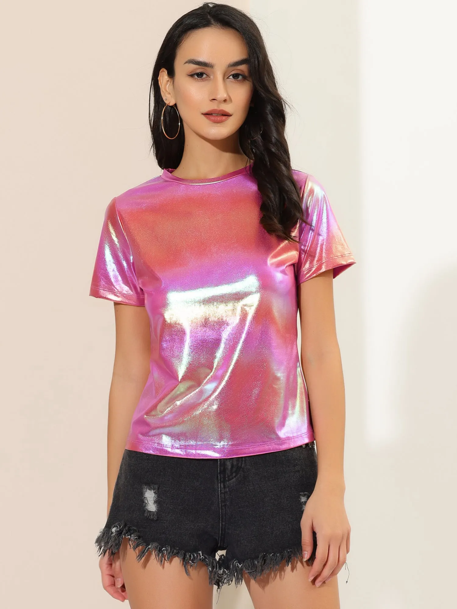 Glitter Metallic Short Sleeve Shiny Multicolor Blouse sold by Allegra K product image thumbnail 2