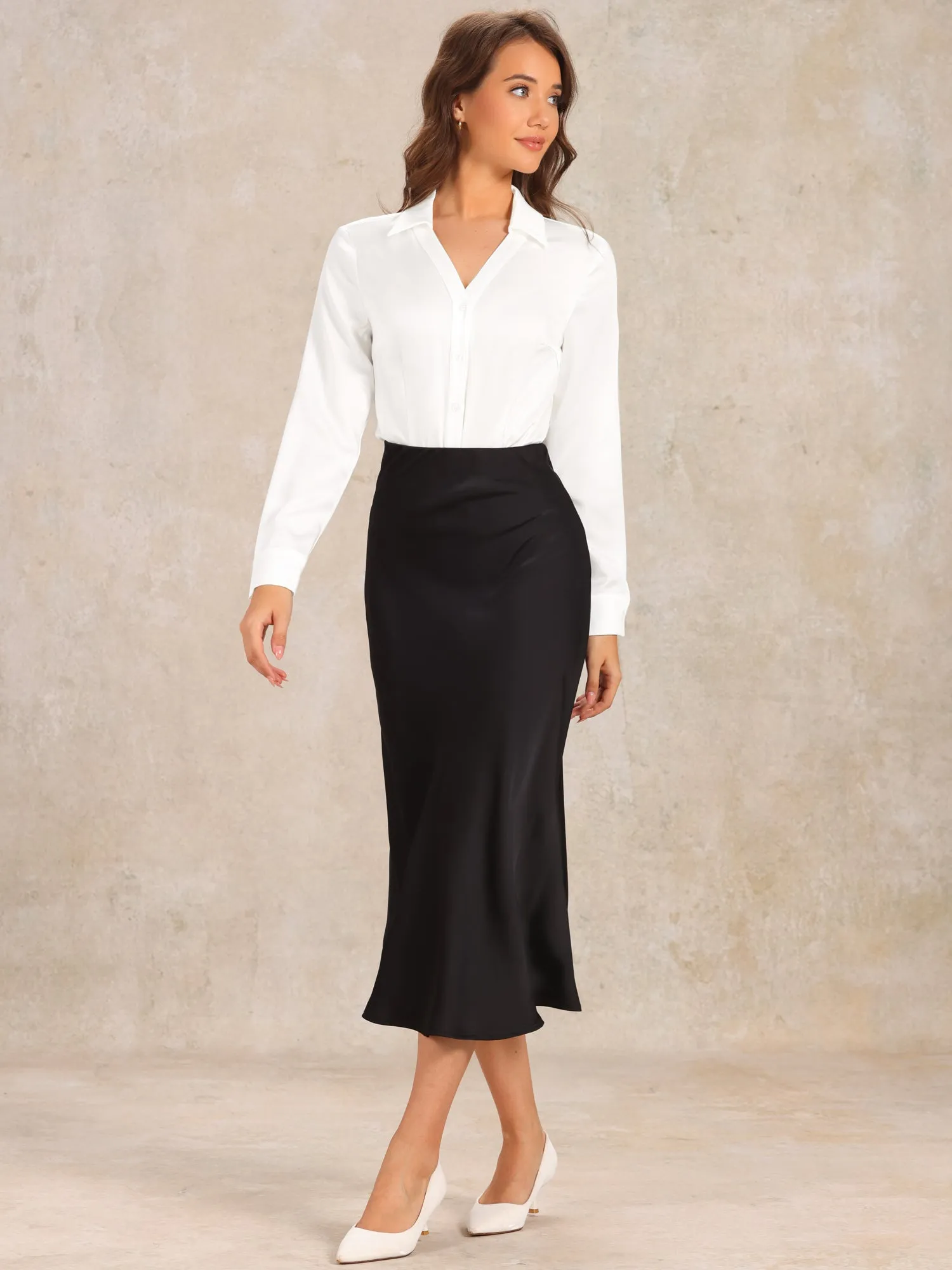 Button Down Collared Long Sleeve Satin Work Bodysuit sold by Allegra K product image thumbnail 3