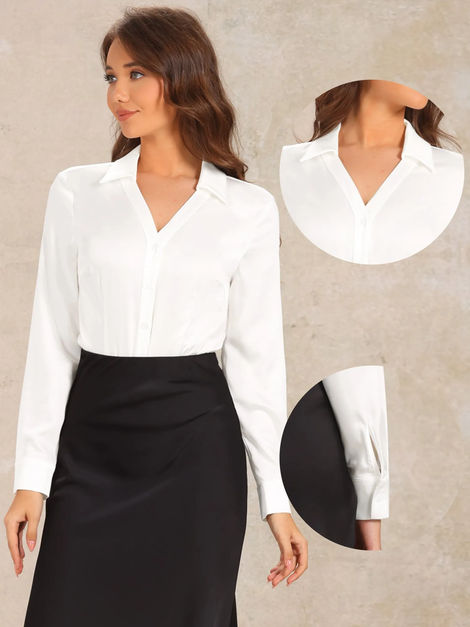 Button Down Collared Long Sleeve Satin Work Bodysuit sold by Allegra K