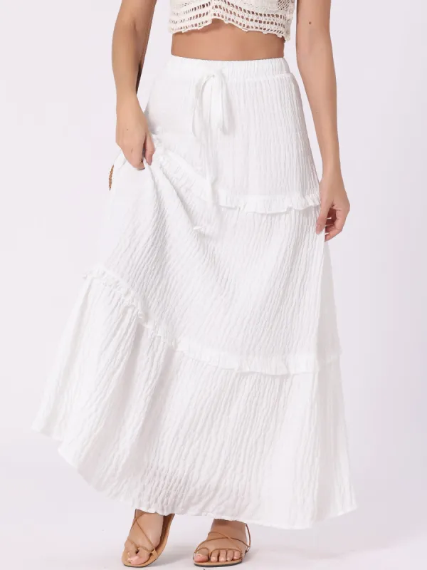 Tiered Belt Ruffle Lattice Texture Casual A-Line Maxi Skirt sold by Allegra K