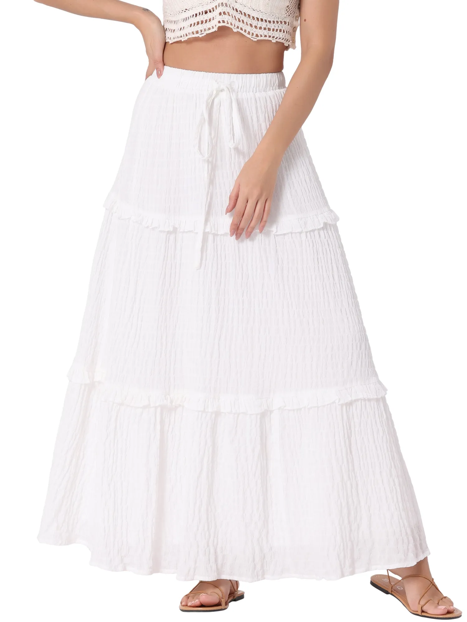 Tiered Belt Ruffle Lattice Texture Casual A-Line Maxi Skirt sold by Allegra K product image thumbnail 5
