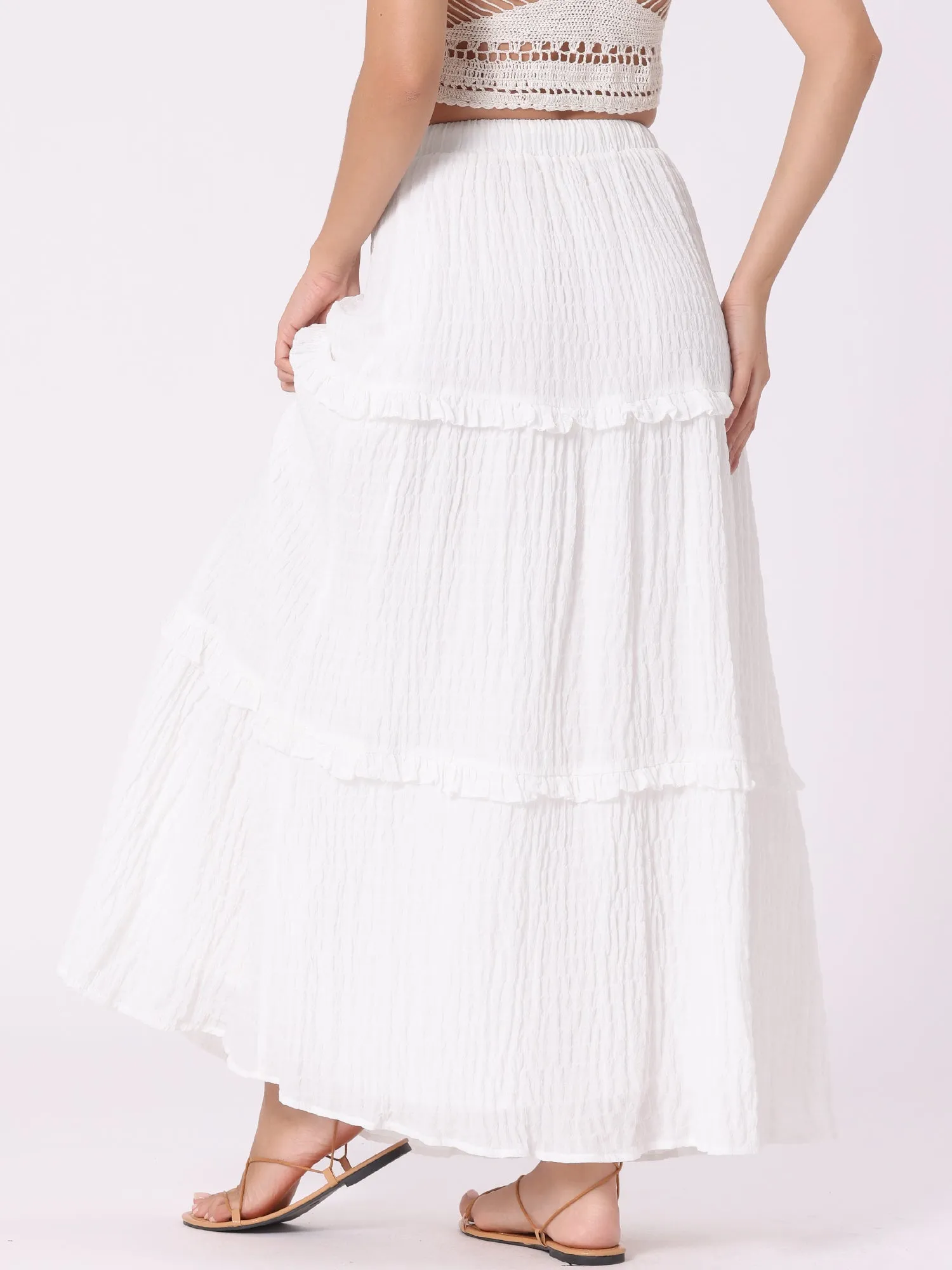 Tiered Belt Ruffle Lattice Texture Casual A-Line Maxi Skirt sold by Allegra K product image thumbnail 3