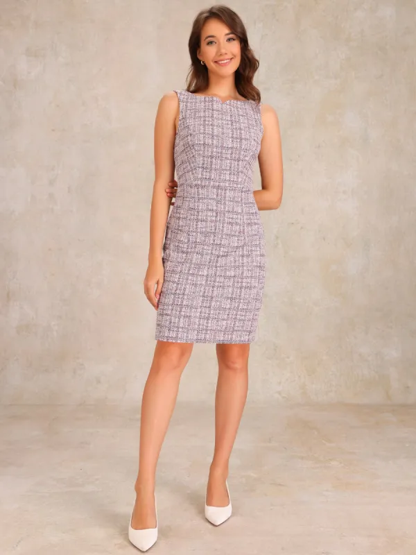 Tweed Plaid Boat Neck Sleeveless Midi Sheath Dress made by Allegra K