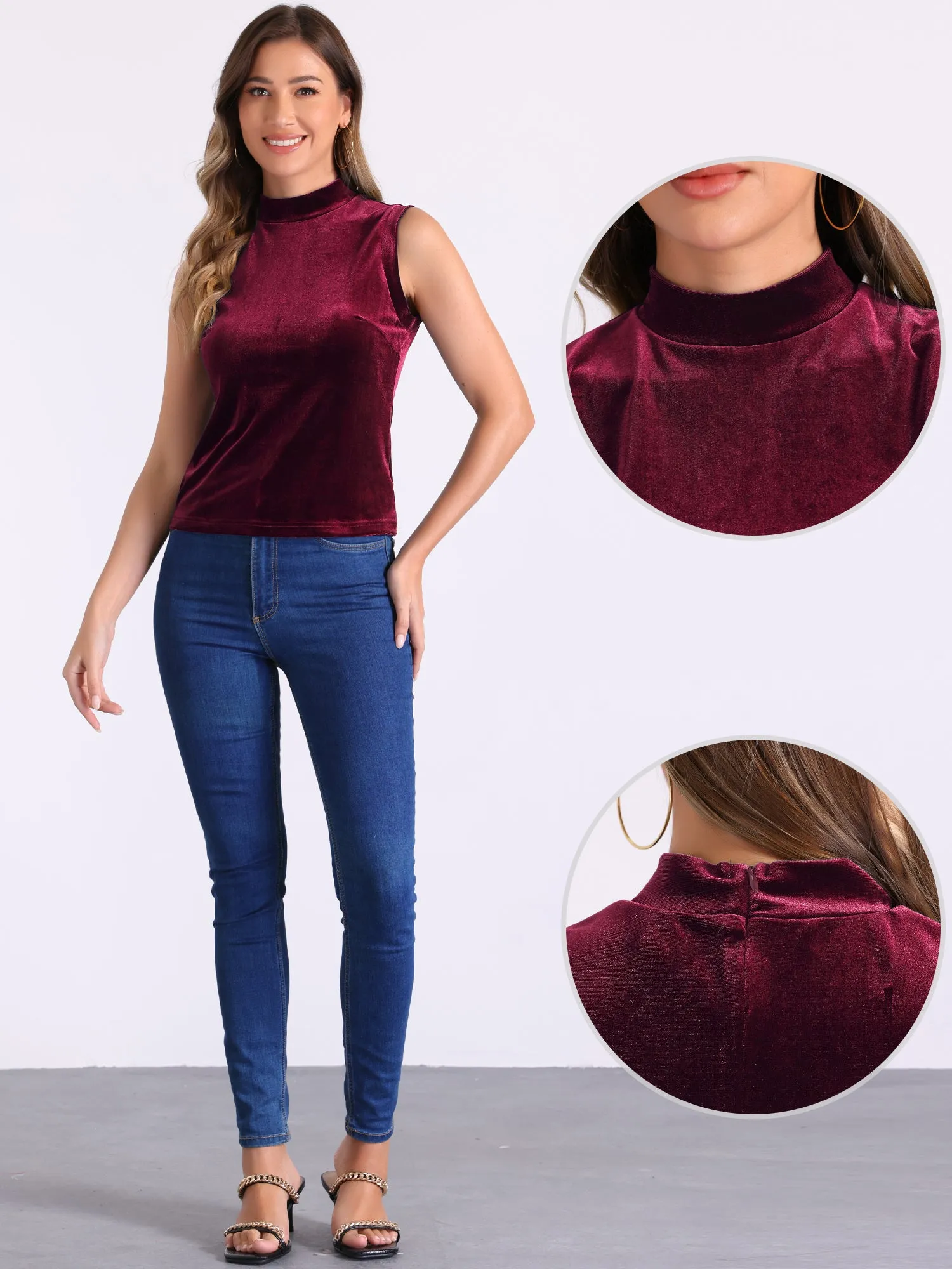 Mock Neck Velvet Sleeveless Solid Color Tank Top sold by Allegra K product image thumbnail 2
