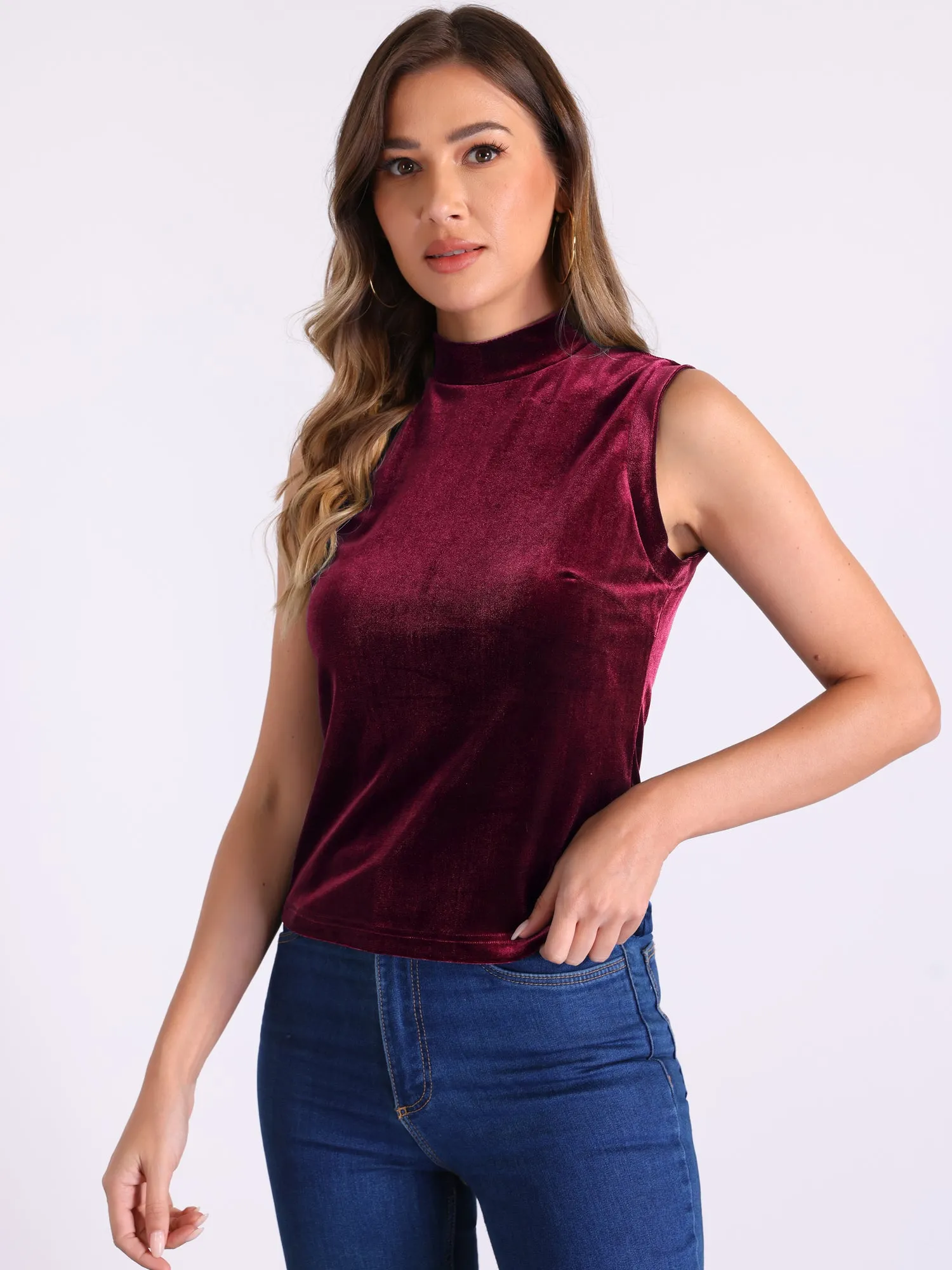 Mock Neck Velvet Sleeveless Solid Color Tank Top sold by Allegra K
