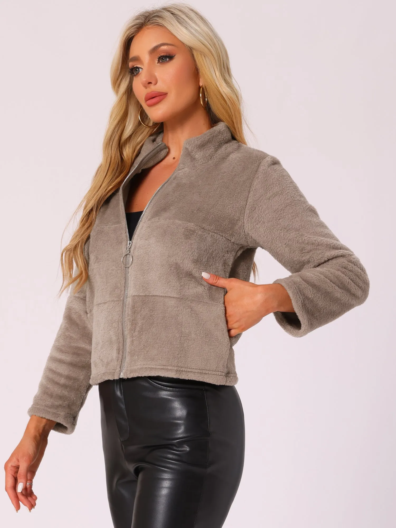 Stand Collar Zip Up Faux Fur Cropped Fleece Jacket sold by Allegra K product image thumbnail 5
