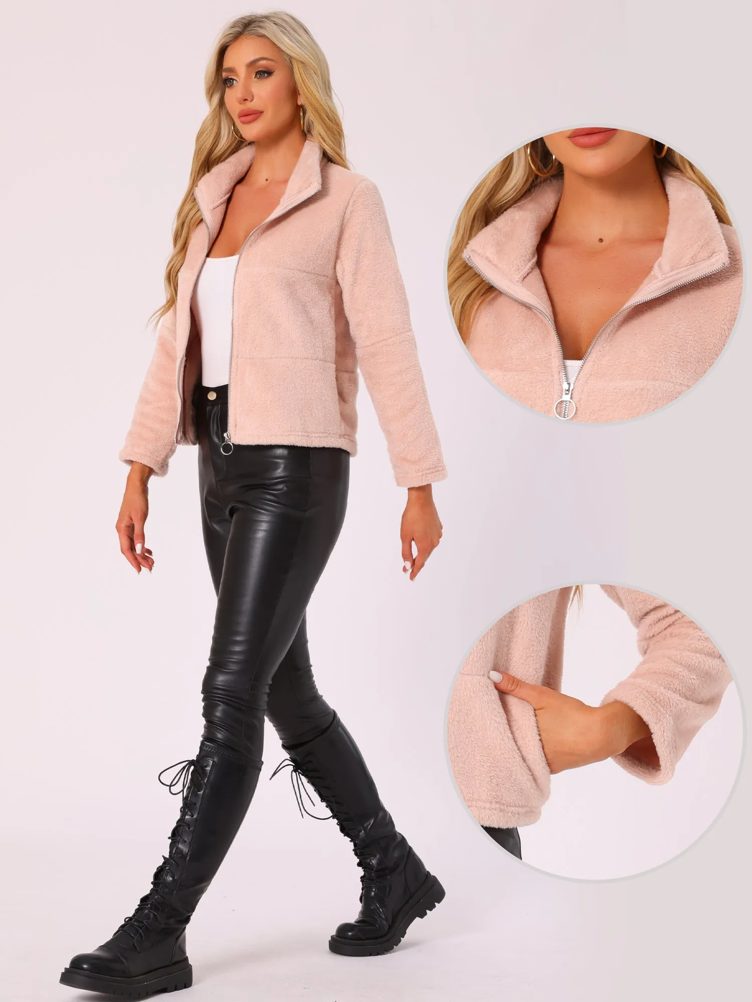 Stand Collar Zip Up Faux Fur Cropped Fleece Jacket sold by Allegra K product image thumbnail 2