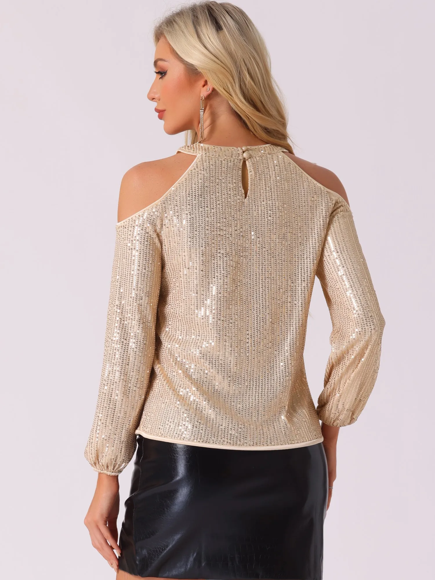Sequin Sparkle Glitter Long Sleeve Cold Shoulder Party Tops sold by Allegra K product image thumbnail 2