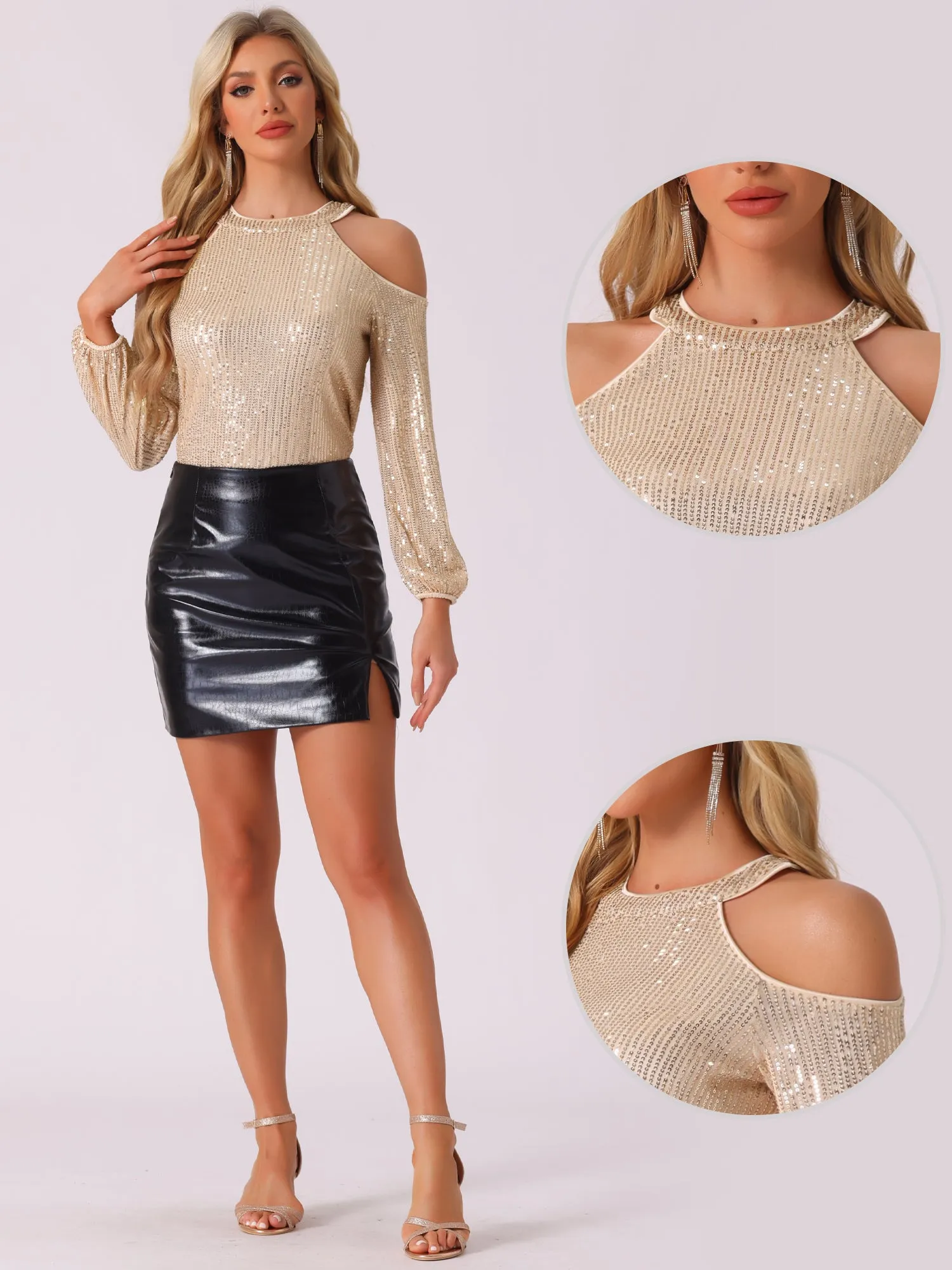 Sequin Sparkle Glitter Long Sleeve Cold Shoulder Party Tops sold by Allegra K