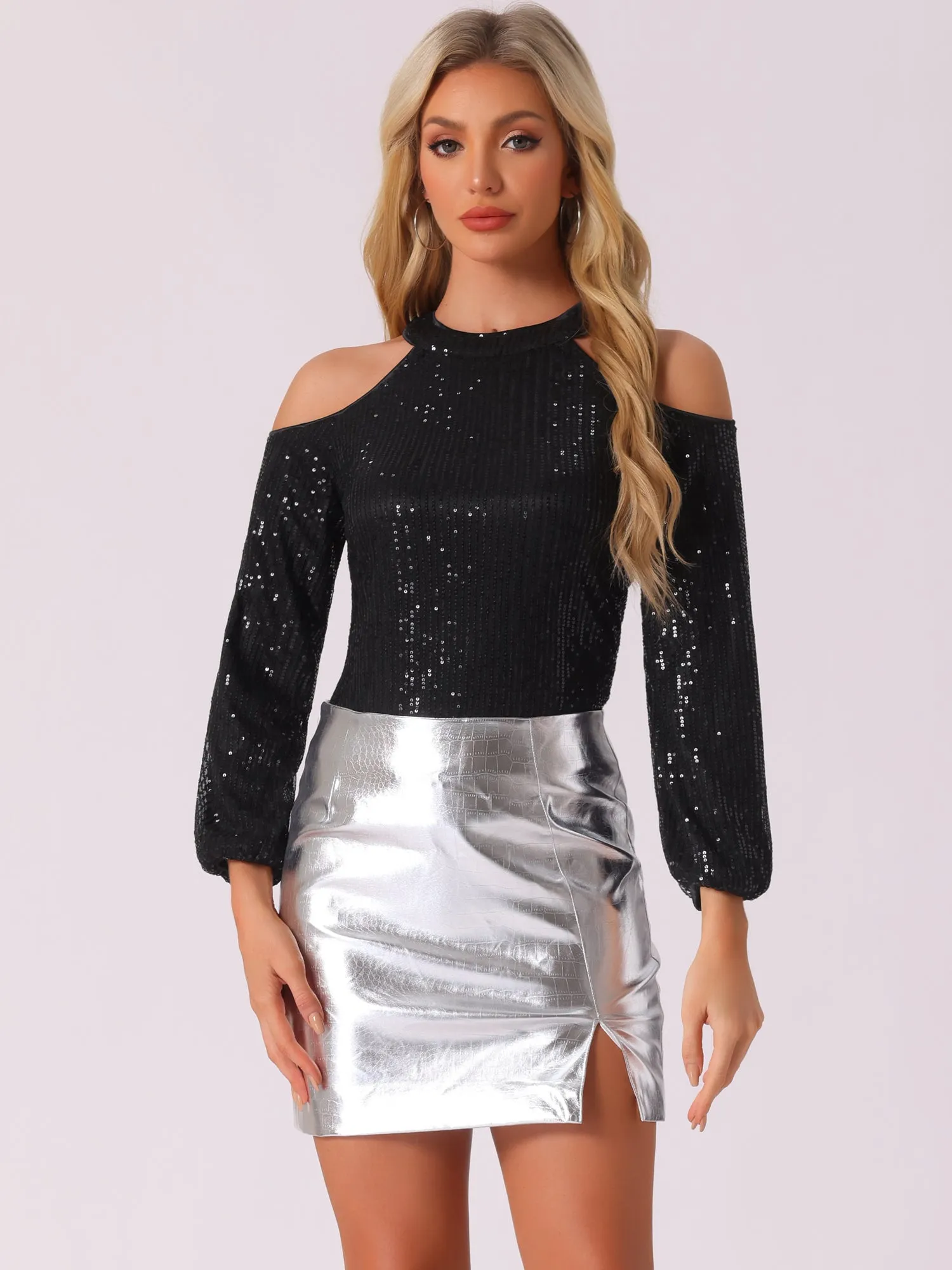 Sequin Sparkle Glitter Long Sleeve Cold Shoulder Party Tops sold by Allegra K product image thumbnail 5