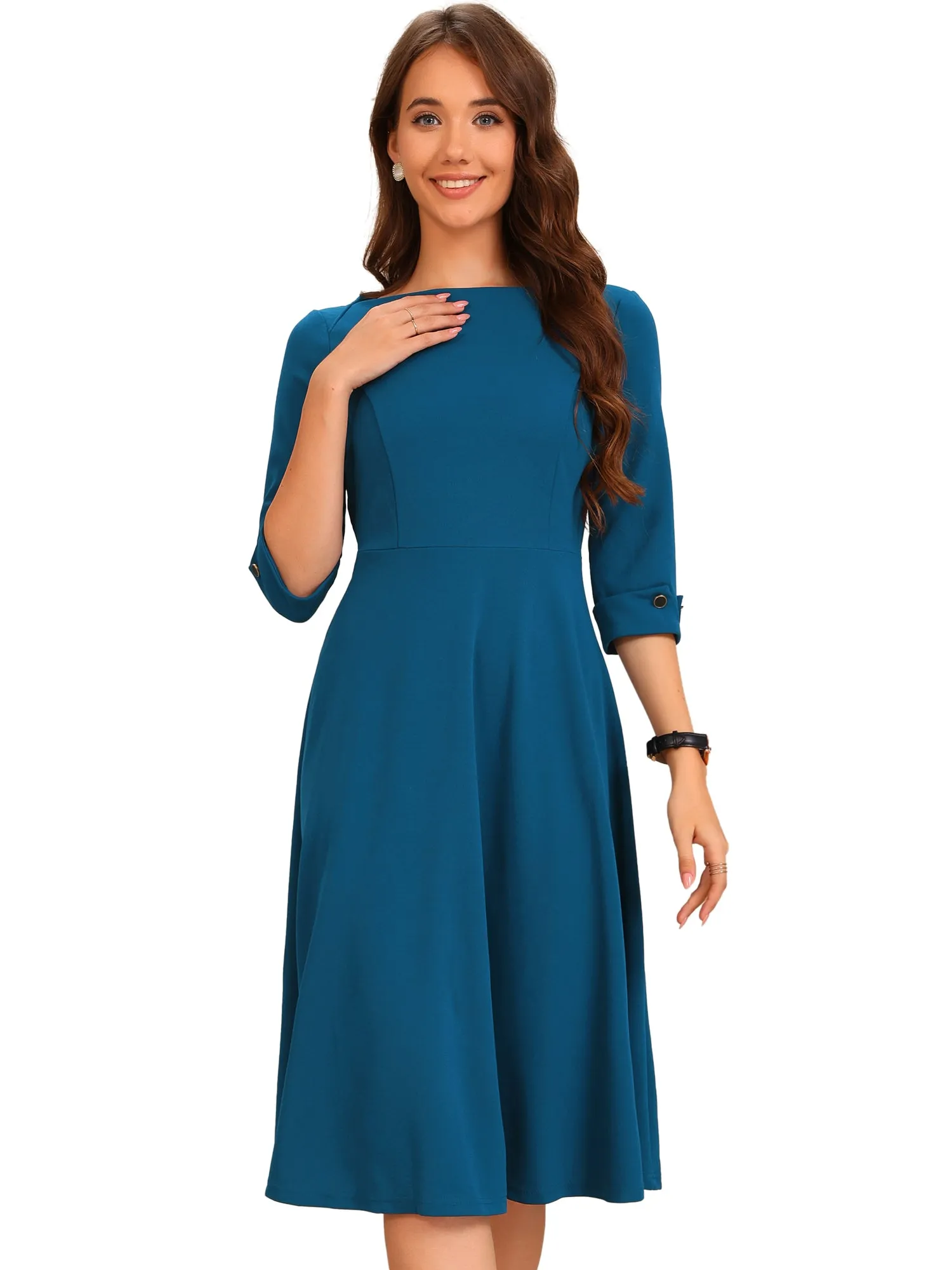 3/4 Sleeve Boat Neck Solid Color A-Line Midi Dress sold by Allegra K product image thumbnail 4