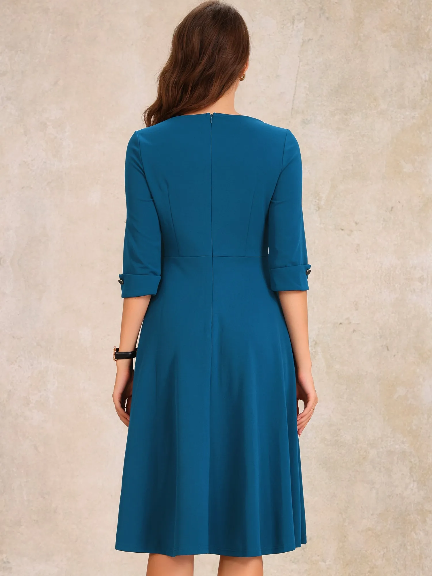 3/4 Sleeve Boat Neck Solid Color A-Line Midi Dress sold by Allegra K product image thumbnail 3