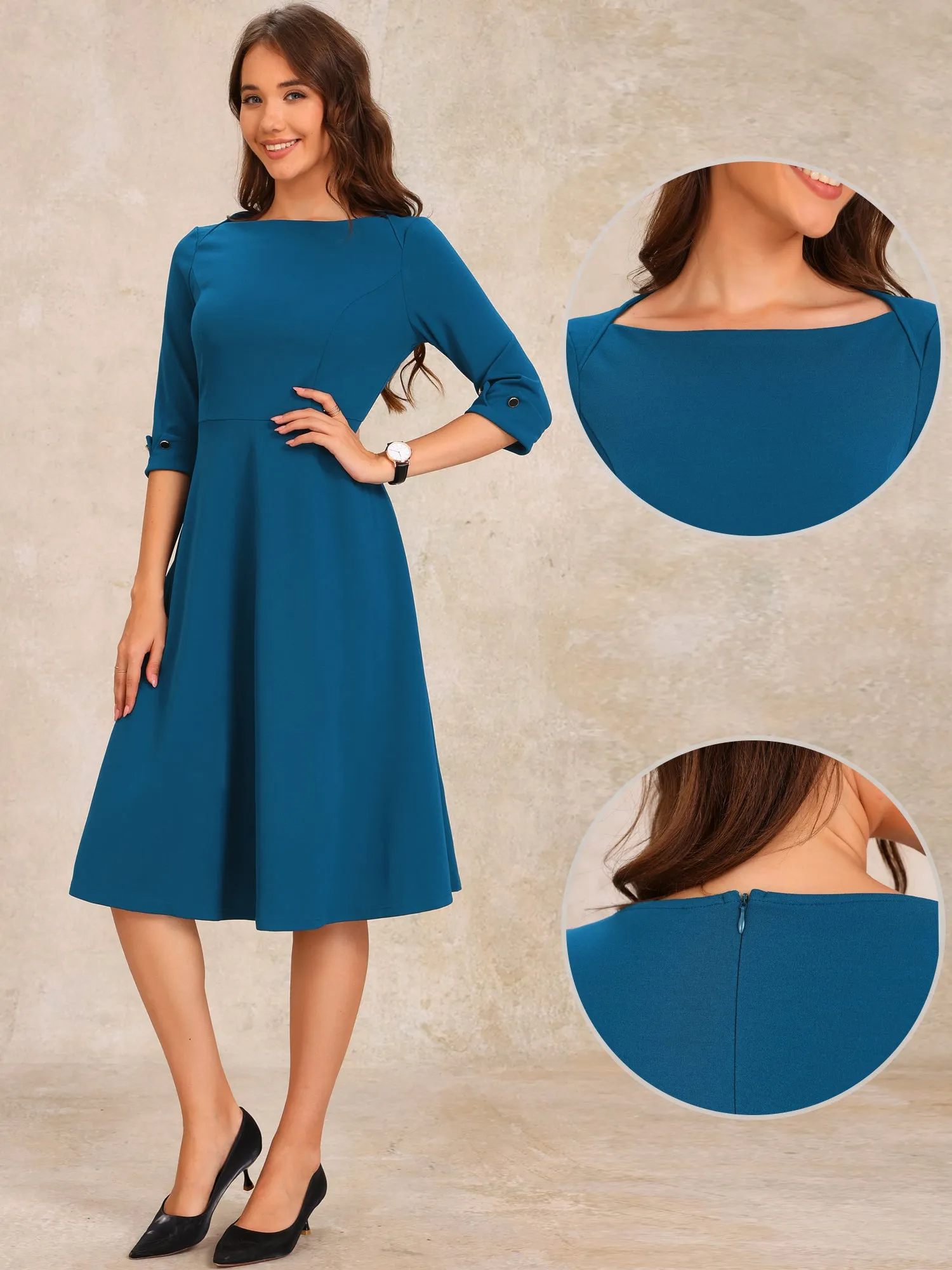 3/4 Sleeve Boat Neck Solid Color A-Line Midi Dress sold by Allegra K product image thumbnail 2