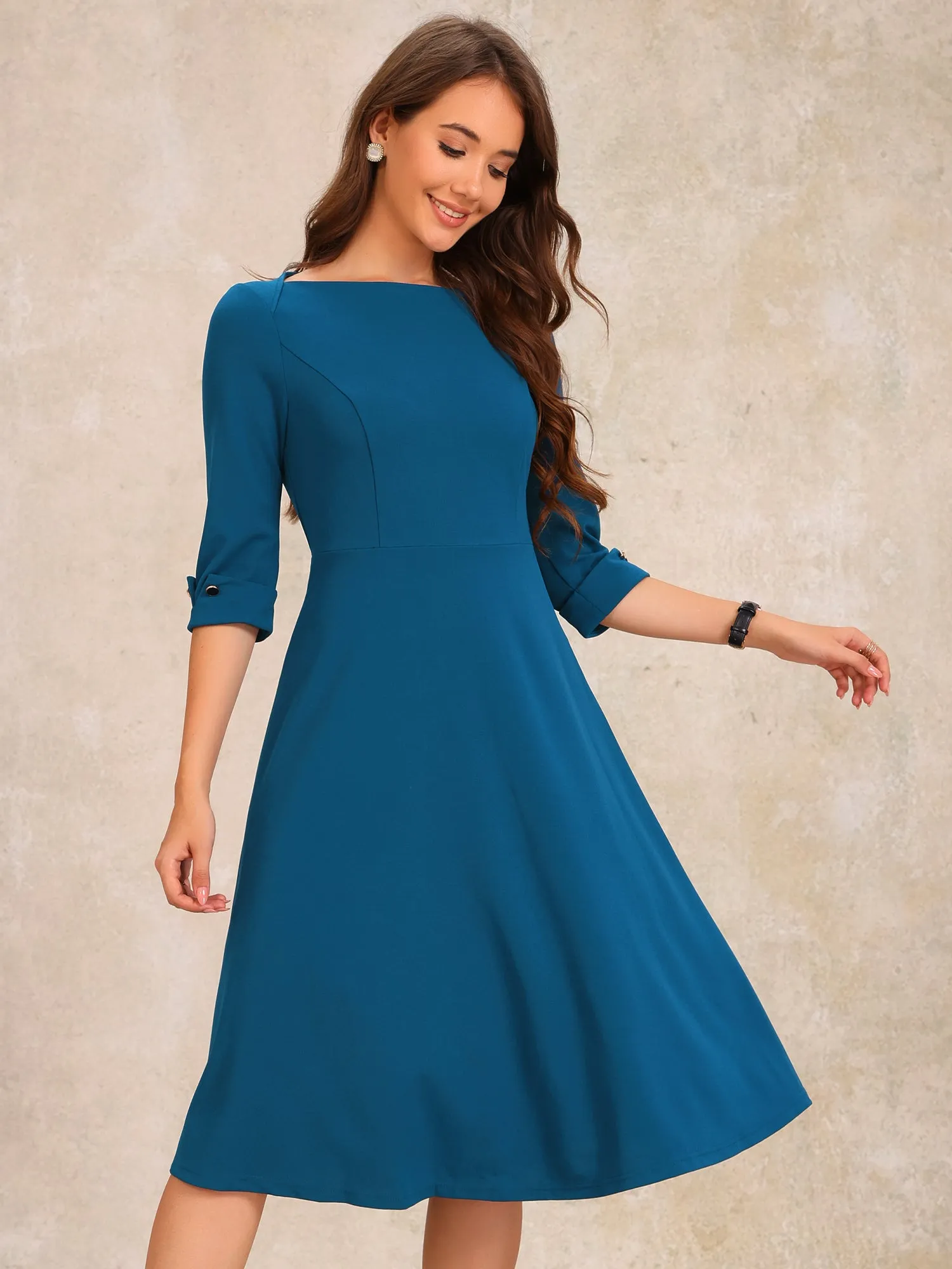 3/4 Sleeve Boat Neck Solid Color A-Line Midi Dress sold by Allegra K