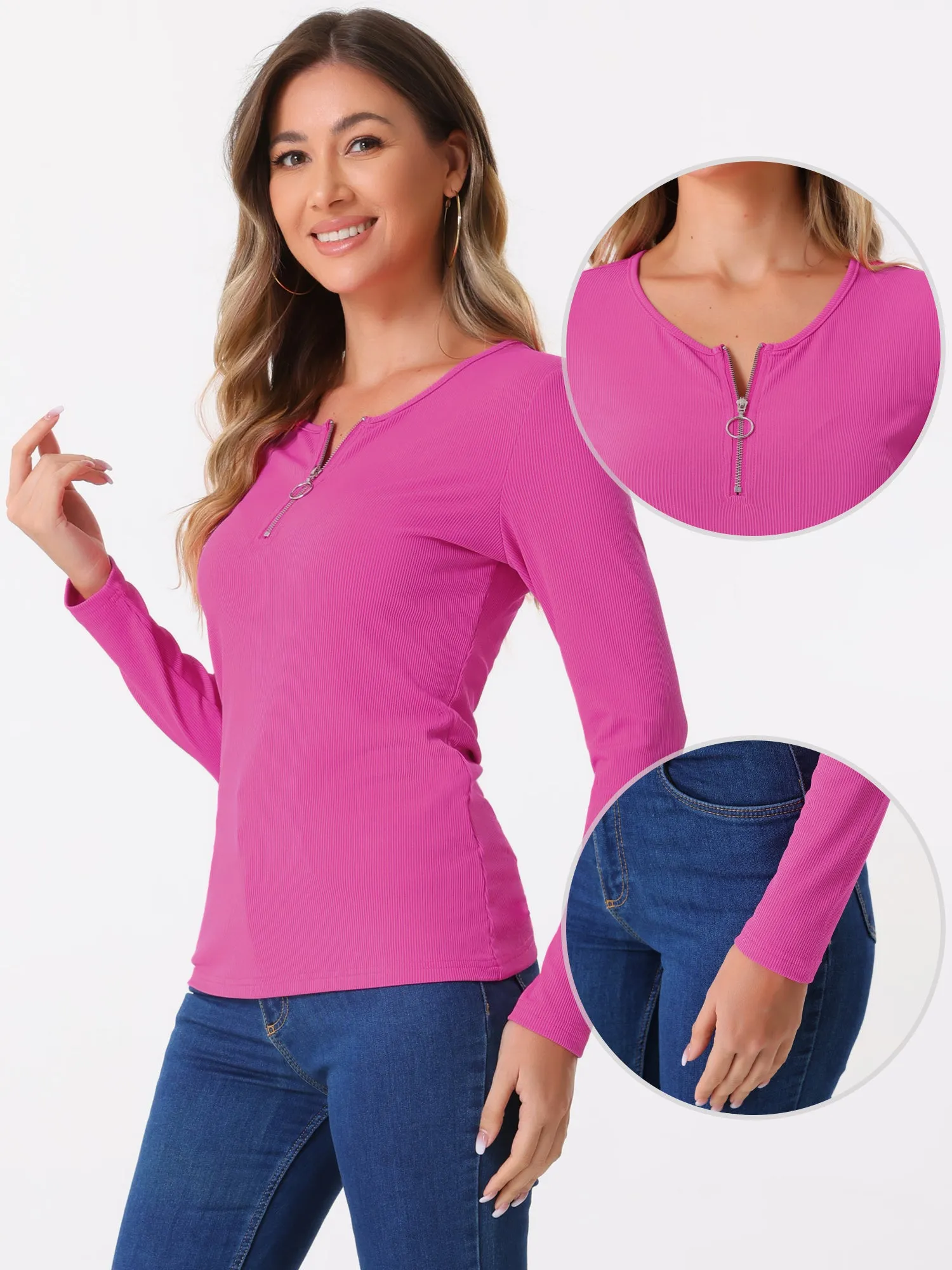 Long Sleeve Round Neck Zipper Front Basic Tops sold by Allegra K product image thumbnail 5