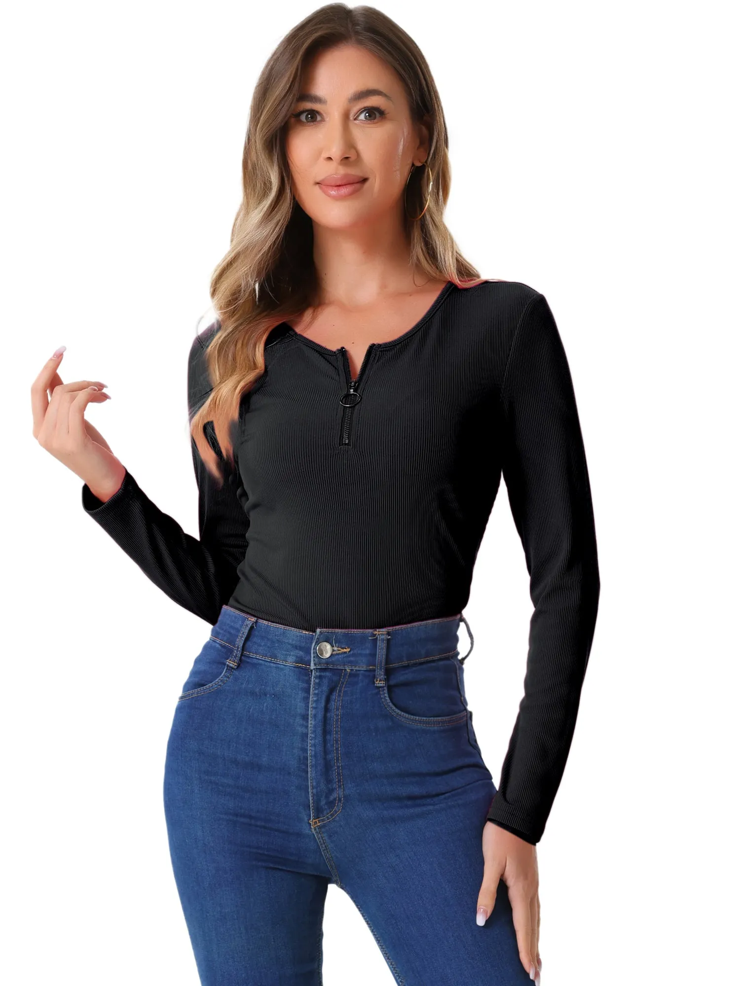 Long Sleeve Round Neck Zipper Front Basic Tops sold by Allegra K product image thumbnail 4