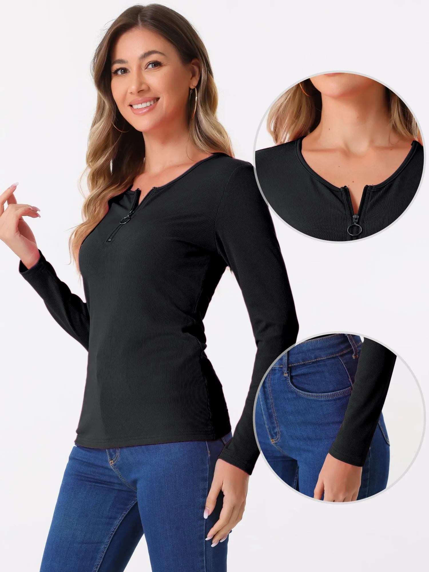 Long Sleeve Round Neck Zipper Front Basic Tops sold by Allegra K product image thumbnail 2