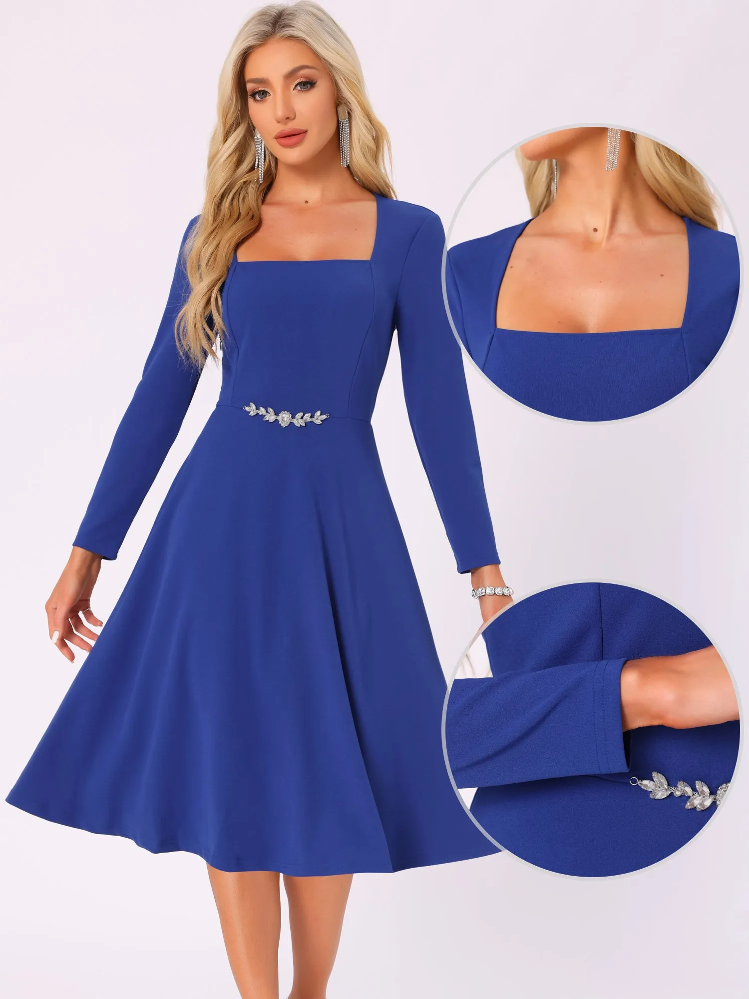 Square Neck Long Sleeve A-Line Cocktail Formal Dress sold by Allegra K