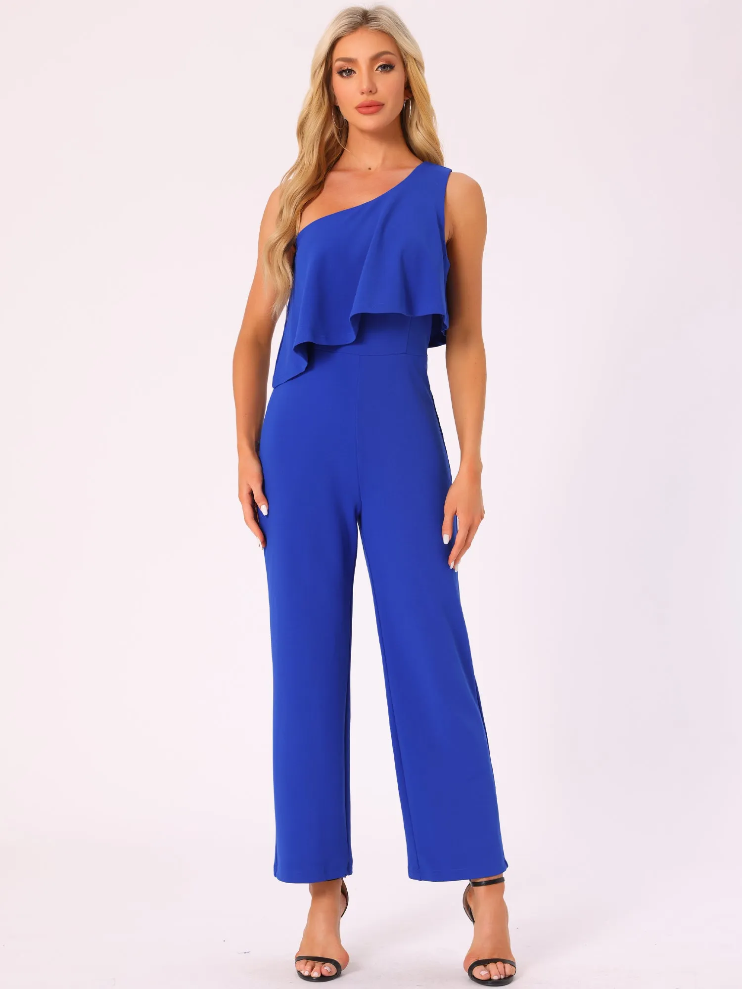 Sleeveless One Shoulder Ruffled Solid Color Jumpsuit sold by Allegra K