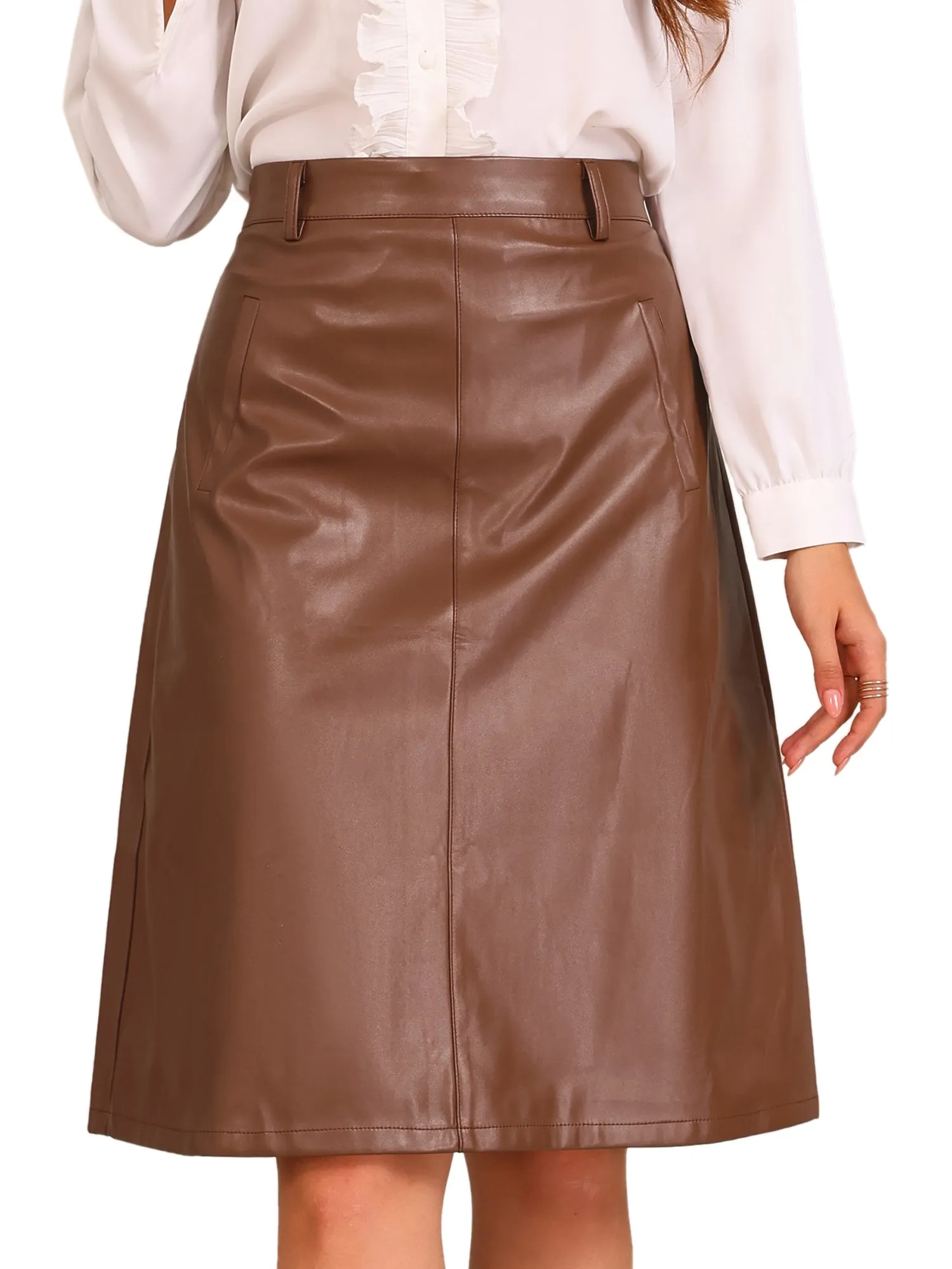 Faux Leather Belted A-Line High Waist Midi Skirt sold by Allegra K product image thumbnail 5